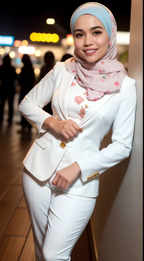 Malay girl in hijab, wear small floral pastel white color shirt and High Waist Plicated white Suit Pants , laughing and posing with both hand on top of her head, touching her own white head, wear backpack, front view, hijab blown, windy, detail skin, age s...