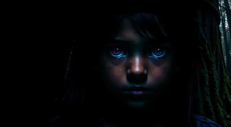 portrait of a child lost in a forest, con mirada triste, ojos azules, arboles gigante, dramatic illumination, lata resolution,