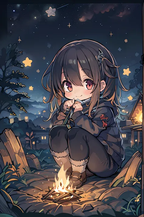 masutepiece, Best Quality, 1 girl, Solo, effect, Dark background, With a happy face,Chibi、camp、Before the bonfire、beneath the stars