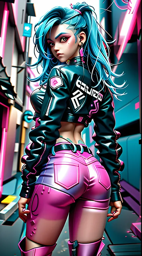 Menina de Araffe com cabelo azul e cabelo rosa em uma jaqueta de couro preta, menina de anime cyberpunk feminino, garota anime cyberpunk, no estilo cyberpunk, roupa cyberpunk, em cyberpunk city, Garota cyberpunk, cyberpunk menina bonita, usando jaqueta de ...