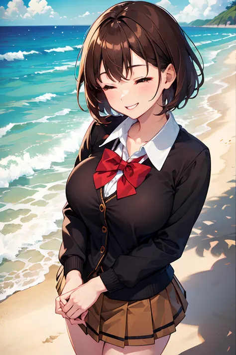 1girl, short brown hair, brown eyes, school uniform, big breasts, collared shirt, red bowtie, beach, smiling, eyes closed, beach