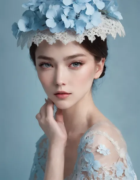 Pretty and very elegant girl wearing a talk cap decorated with sky blue lace flowers. Her entire face is covered with lace. She wears a loose-fitting sky blue lace cocktail dress that hangs over her shoulders. Her skin is very shiny. Her arms are folded. T...