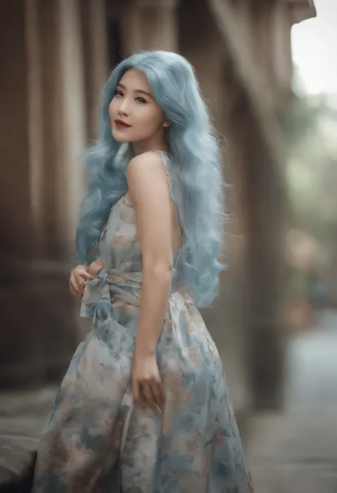 A anime high school girl, wear sexy kimono, short kimono, bare arms, bare back, bare shoulder, walking, long hair, light blue hair, look at viewer, blue eyes,my upload photos face swap