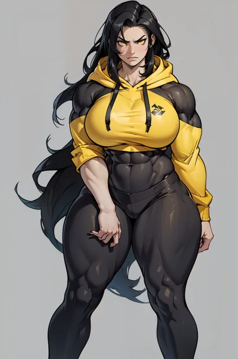 ((grey background)), solo, ((((1 girl)))), very long hair, black hair, angry, yellow eyes, (((((muscular))))), (huge tits), (thick thighs), (wide hips), pale skin, standing, slick hair, hoodie, leggings