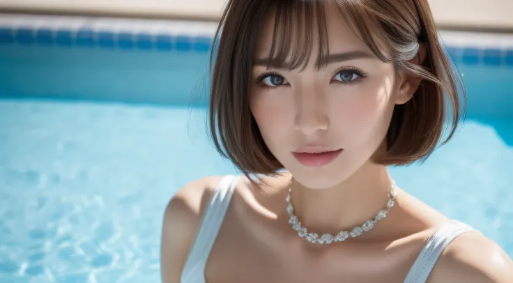 (best qualtiy，4K：1.3），hyper realisitic，(Colossal tits: 1.2),　Cheerful woman ，１Man Woman, short-hair,  poolparty，Detailed eyes，二重まぶた，Sensual dress with low collar,hanging breasted,Super Detailed Face，Detailed lips