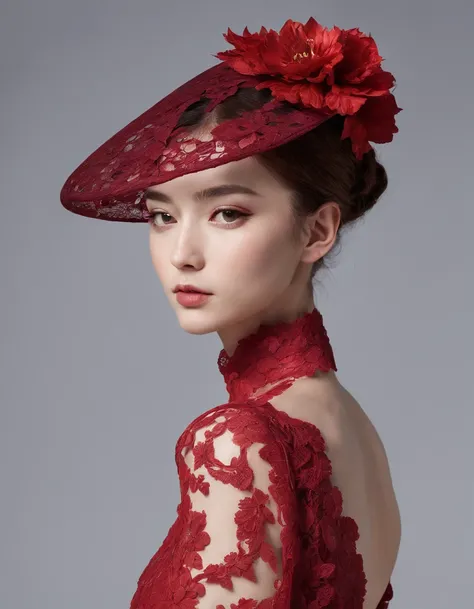 Pretty and very elegant girl wearing a talk cap decorated with red lace flowers. Her entire face is covered with lace. She wears a loose-fitting red lace cocktail dress that hangs over her shoulders. Her skin is very shiny. Her arms are folded. The backgro...