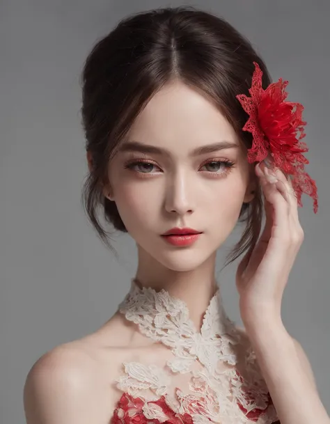 Pretty and very elegant girl wearing a talk cap decorated with red lace flowers. Her entire face is covered with lace. She wears a loose-fitting red lace cocktail dress that hangs over her shoulders. Her skin is very shiny. Her arms are folded. The backgro...