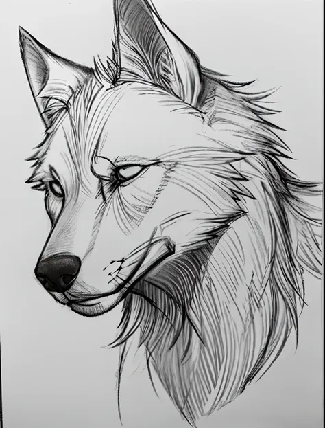 sketch, white background, solo, wolf, beast