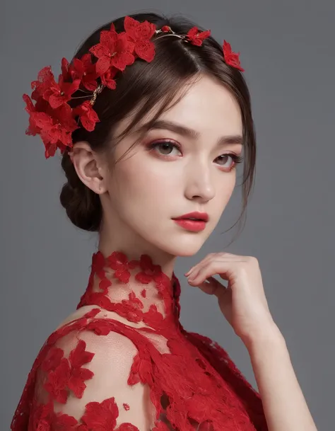 Pretty and very elegant girl wearing a talk cap decorated with red lace flowers. Her entire face is covered with lace. She wears a loose-fitting red lace cocktail dress that hangs over her shoulders. Her skin is very shiny. Her arms are folded. The backgro...