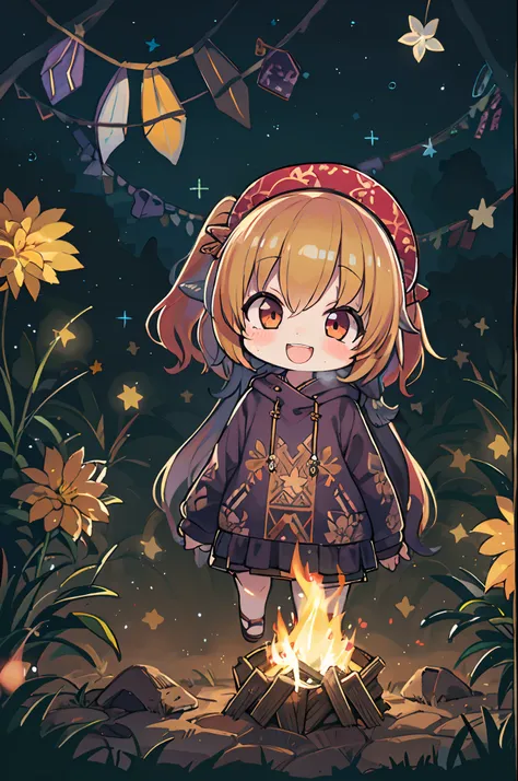 masutepiece, Best Quality, 1 girl, Solo, effect, Dark background, With a happy face,Chibi、camp、Before the bonfire、beneath the stars