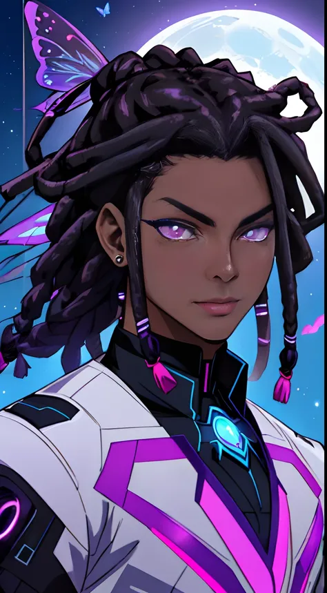 Dark skin man, black dreadlocks hair, butterfly crystal futuristic outfit, soft pretty face, ethereal, anime style, moon background, fierce look, perfect purple eyes