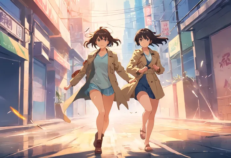 2girls,(fight against another:1.5),trench coat,bikini