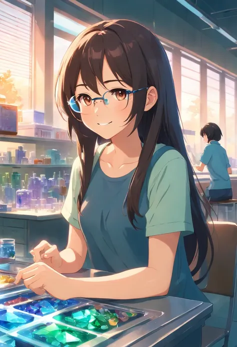 a smile girl black long hair,brown eyes and goggles is looking at gemstone, embedded gemstones, eye-catching, colorful mold, looks cool, doing experiments in her science lab, working in her science lab, product introduction photos, carvings, colorful slime...