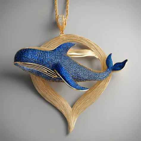 Whale pendant woven with gold wire, whale, handmade, traditional weaving technique, small size, inlaid with blue diamonds and diamonds, 8k resolution --no welding --uplight