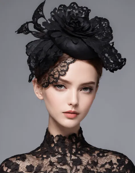 Pretty and very elegant girl wearing a talk cap decorated with big black lace flowers. Her entire face is covered with lace. She wears a loose-fitting black lace cocktail dress that hangs over her shoulders. Her skin is very shiny. The background is beauti...