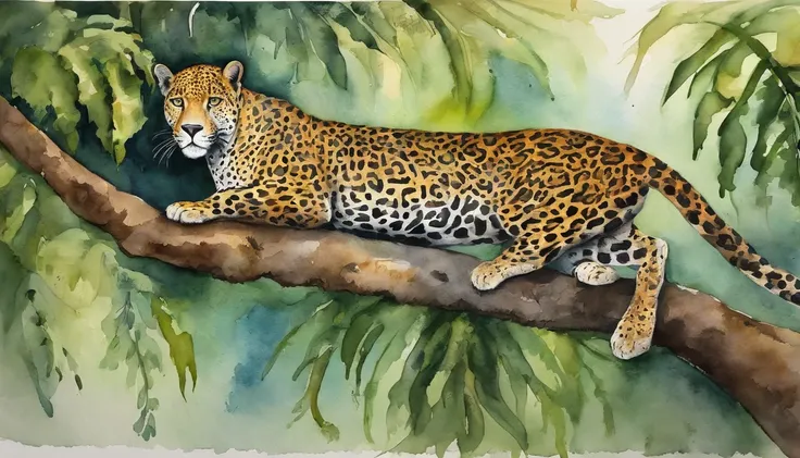 Jaguar on top of a tree, Pintura, aquarela paiting, Design amorfo, Surrealista,Jaguar; aquarela paiting; Felino,Jaguar in the jungle of the American Amazon,