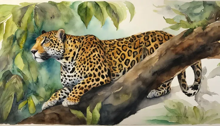 Jaguar on top of a tree, Pintura, aquarela paiting, Design amorfo, Surrealista,Jaguar; aquarela paiting; Felino,Jaguar in the jungle of the American Amazon,