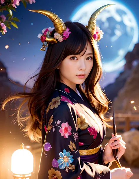 ((World of Darkness)),Professional , ​masterpiece、top-quality、photos realistic , depth of fields 、（sexypose）、(Black maple on the background of full bloom),（Ultimate Beauty）、A dark-haired、（shrine background)、（Kimono with beautiful pattern）、（Night background...