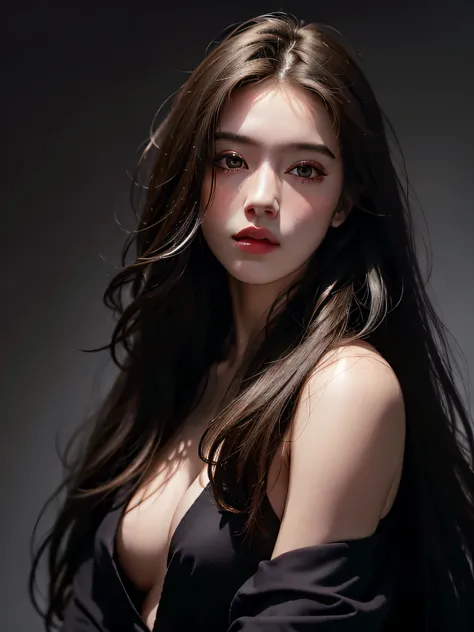 Best quality, masterpiece, ultra high res, (photorealistic:1.1), raw photo, 1girl, offshoulder, in the dark, deep shadow, low key, cold light, sexy look, long hair, looking the viewer