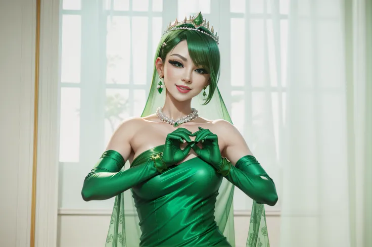 emerald tiara, Green Pearl Necklace, Boyish very short green hair, lipsticks, Japan woman smiling, very short short hair, big breasts beautiful, Green eyes, Long green gloves made of satin material, Green eyes, Emerald Earrings, Green dress