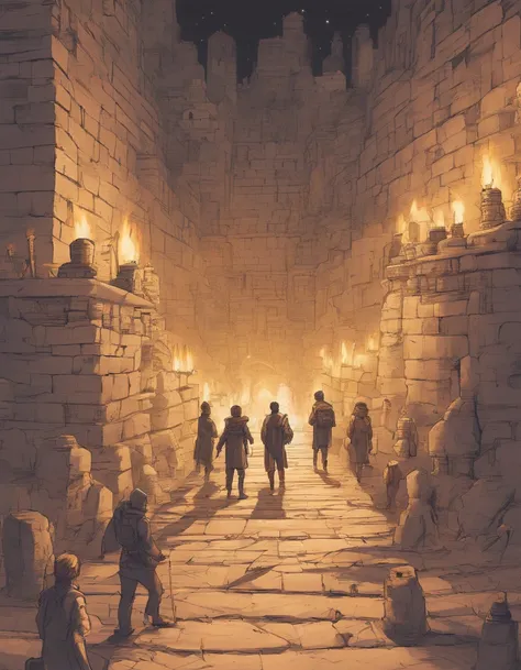 The group of people holding a map in their hands walked down the path in the stone wall maze, torches shining all around