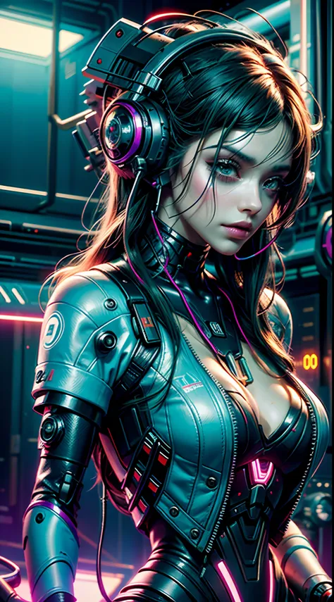 Cybernetic woman in a futuristic suit with headphones and bright lights, menina cyberpunk sonhadora, cyberpunk menina bonita, advanced digital cyberpunk art, arte digital do anime cyberpunk, cyberpunk digital - arte de anime, menina de anime cyberpunk femi...