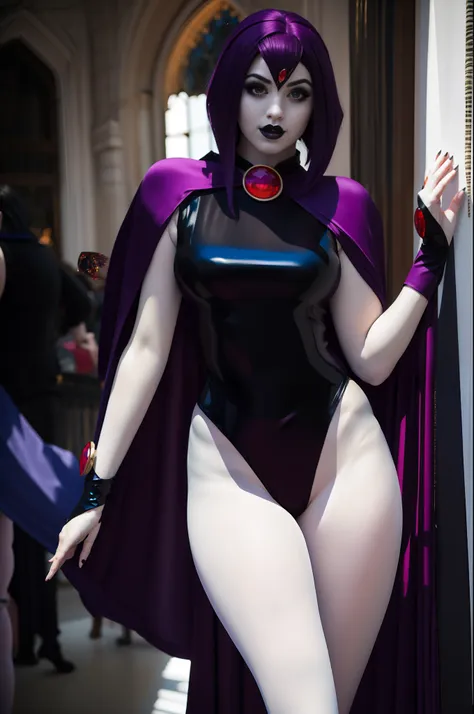 masterpiece, professional artwork, famous artwork, gothgirl solo in raven cosplay , purple hair, white skin, leotard, full-body ...