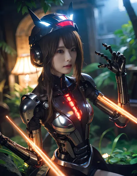 (1 Mechanical Girl)、top-quality、​masterpiece、超A high resolution、(Photorealsitic:1.4)、Raw photo、女の子1人、Golden hair、glowy skin、(((1 Mechanical Girl)))、With a beautiful knife、（Red Metal Bodysuit）、（Please wear a mechanical helmet）、(beautiful forest background)、...