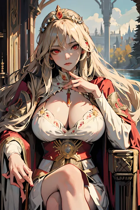 (big tits), cleavage, masterpiece, best quality),  1girl, solo, (the empress:1.15), light blonde, long hair, (red cape), Curtain, white dress, queen dress, aurora, (sunshine, sky, river, forest), expressionless, red eyes, very long hair, (art nouveau:1.2),...