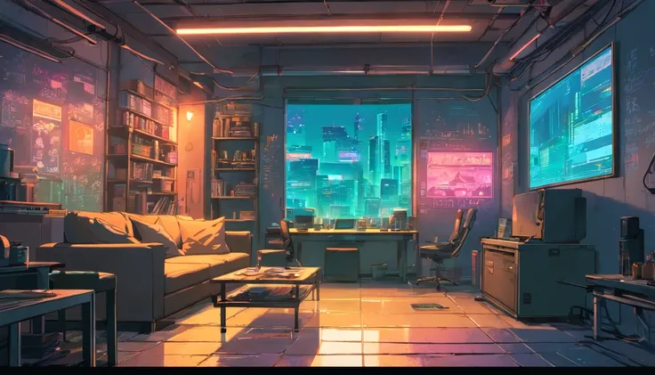 graphic novel illustration, In the cyberpunk basement, Cyberpunk era, Dark and underground, Poor neon lighting. It has a battered leather sofa and a table, Um menino usa o laptop. Grafite cyberpunk e cartaz de banda punk na parede, dystopic, Illuminations,...