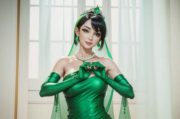 emerald tiara, Green Pearl Necklace, Boyish very short black hair, lipsticks, Japan woman smiling, very short short hair, big breasts beautiful, Green eyes, Long green gloves made of satin material, Green eyes, Emerald Earrings, Green dress