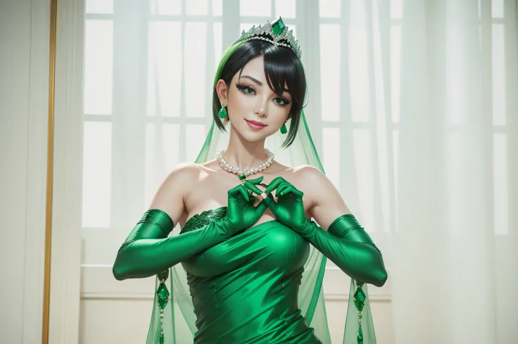 emerald tiara, Green Pearl Necklace, Boyish very short black hair, lipsticks, Japan woman smiling, very short short hair, big breasts beautiful, Green eyes, Long green gloves made of satin material, Green eyes, Emerald Earrings, Green dress