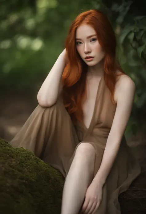 messy long flowing ginger hair, asian redhead ginger girl (18 years old), (freckles, pale skin), defined jawline, smaller head, gorgeous and seductive, wearing sukini (((nude)))