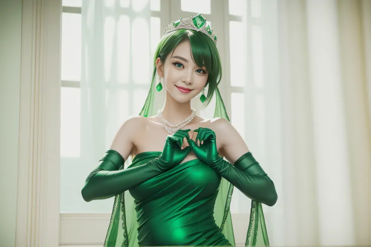 emerald tiara, Green Pearl Necklace, Boyish very short green hair, lipsticks, Japan woman smiling, very short short hair, big breasts beautiful, Green eyes, Long green gloves made of satin material, Green eyes, Emerald Earrings, Green dress, Pregnancy, Pre...