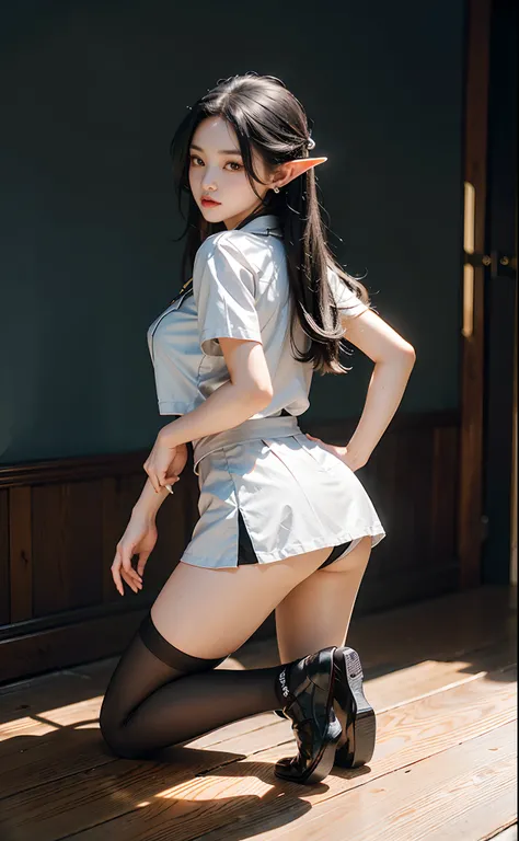 (Japanese-style school，the cherry trees：1 Elf beauty，Kneeling pose，Kneeling pose，Point at you with your ass，a sailor suit），two longer legs，(Normal posture)tmasterpiece， best qualtiy， RAW photogr，Meticulous facial portrayal，realisticlying， Incredibly Ridicu...