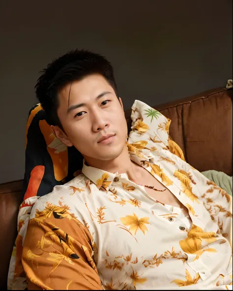 there is a man sitting on a couch with a banana in his hand, asian male, 2 7 years old, 2 8 years old, handsome chad chin, with hawaiian shirt, leaked photo, 2 9 years old, 2 3 years old, andrew thomas huang, 2 2 years old, around 1 9 years old, inspired b...