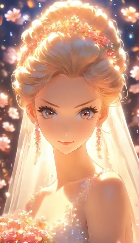 Beautiful bride, beautiful face, **ile, close-up, clear facial details, standing in the center of the stage, wedding dress, gorgeous stage, sea of flowers, and dazzling lighting