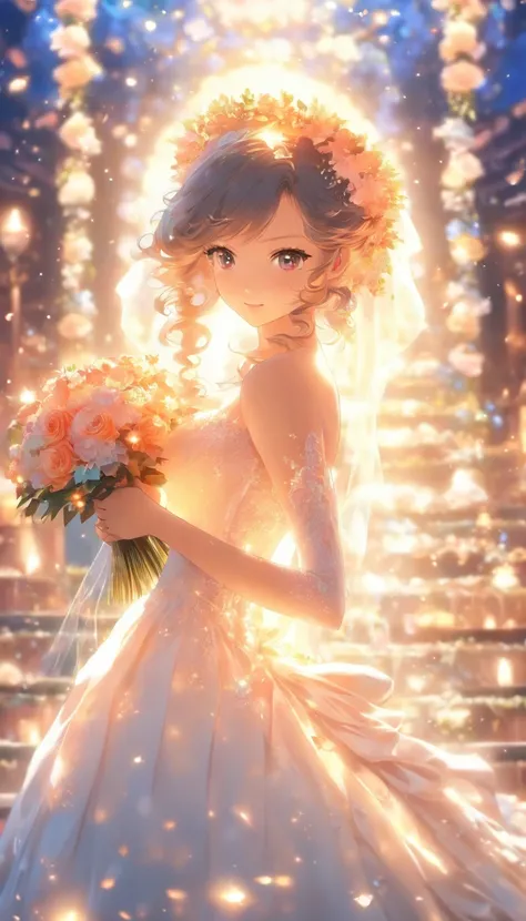 Beautiful bride, beautiful face, **ile, close-up, clear facial details, standing in the center of the stage, wedding dress, gorgeous stage, sea of flowers, and dazzling lighting