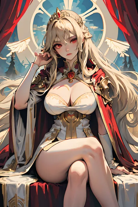 (big tits), cleavage, masterpiece, best quality),  1girl, solo, (the empress:1.15), light blonde, long hair, (red cape), Curtain, white dress, queen dress, aurora, (sunshine, sky, river, forest), expressionless, red eyes, very long hair, (art nouveau:1.2),...