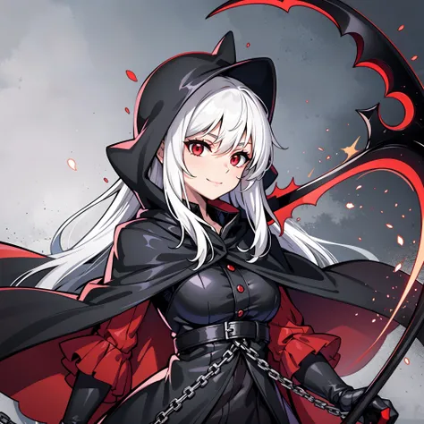 upper body, 1woman, White hair, Long Haired, Red eyes, (Grim Reaper), Black Long Cape, Black Large Scythe, tunic, big breats, wallpaper, Chain background, light particles, (masterpiece), best quality, closed-mouth smile