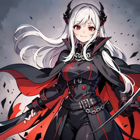 upper body, 1woman, White hair, Long Haired, Red eyes, (Grim Reaper), Black Long Cape, Black Large Scythe, tunic, big breats, wallpaper, Chain background, light particles, (masterpiece), best quality, closed-mouth smile