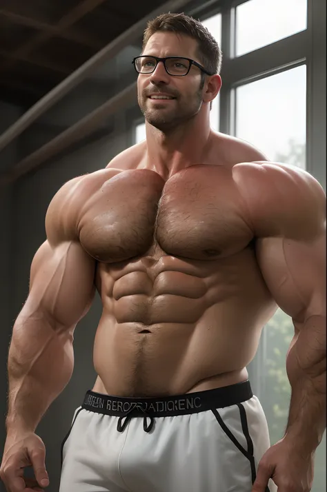 An award-winning original photo，A wild muscular man, (40 years old daddy:1.1), 1boy, Solo, (shirtless), (big shoulders), musculature, stubbles, Short beard, Beautiful eyes:1.3, ), (Detailed face:1.3), wearing glasses, (looking up:1), smilling, standing in ...