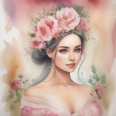 Uma pintura em aquarela de mulher sorrindo ((cor dos olhos perfeitos)) de    longos cabelos  em um vestido de princesa rosa com uma coroa de flores,vestido