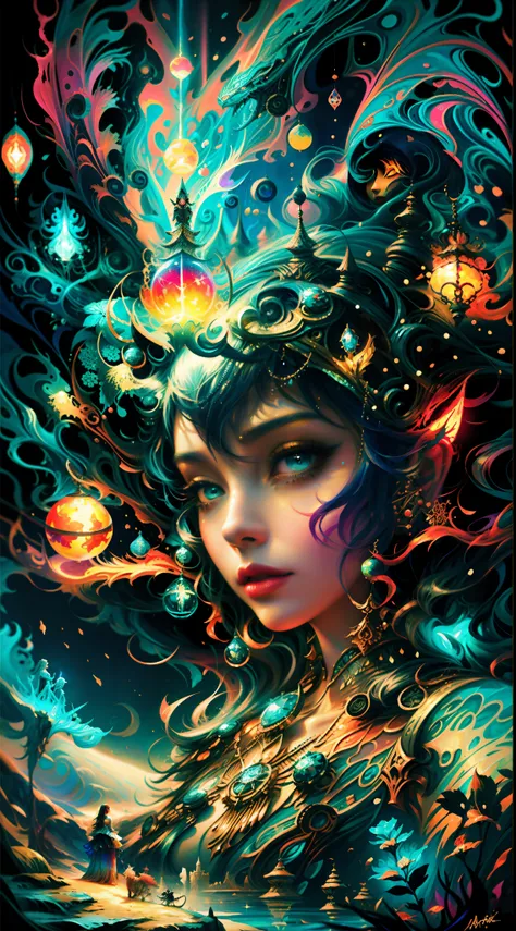 a painting of a woman with a head full of colored lights, arte digital de fantasia detalhada, arte de fantasia digital colorida, intrincada pintura digital, arte de fantasia digital 2d detalhada, Epic Fantasy Digital Art Style, arte de fantasia detalhada, ...