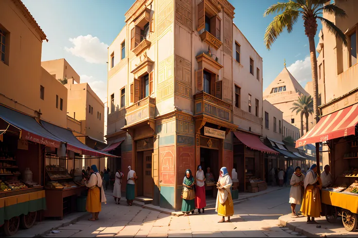 best quality,4k,highres,masterpiece:1.2,ultra-detailed,realistic:1.37,ancient egyptian city,pyramids of giza,beautiful nile river,sandy desert,majestic sphinx,crowded market,bustling streets,colorful bazaars,towering minarets,golden sunlight,exotic atmosph...