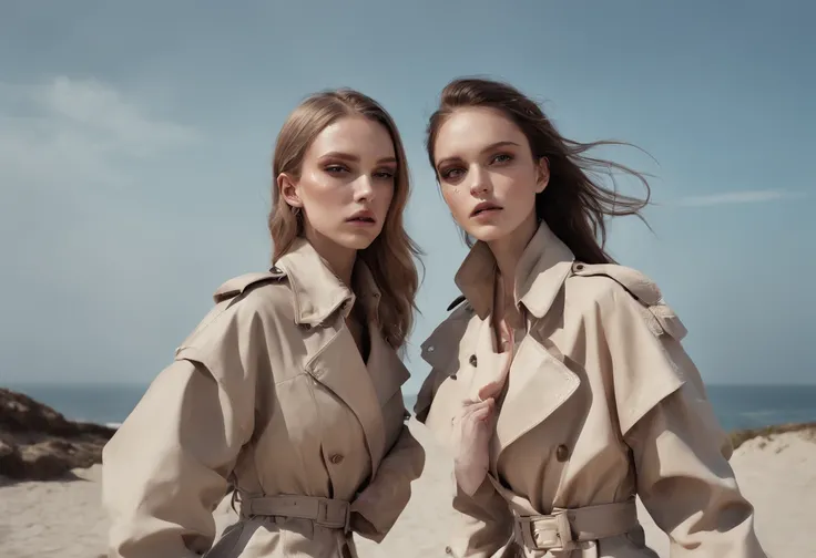 2girls,(fight against another:1.5),trench coat,bikini