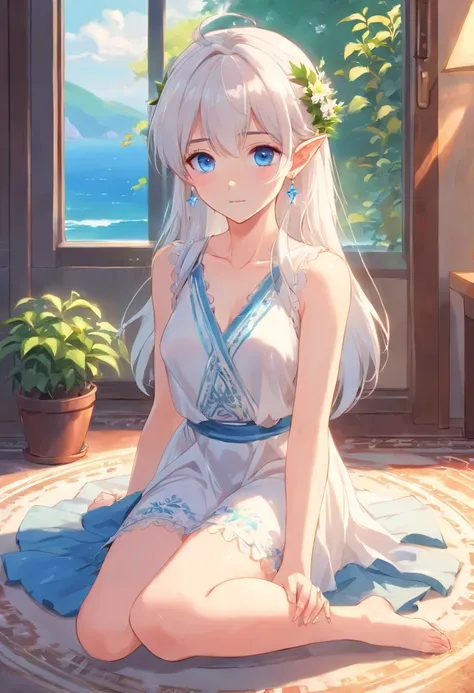 1 Elf Girl, small breasts, white hair, long hair, blue eyes, earrings, white Greece dress, translucent dress, wreath, Sits on the carpet, barefoot, anklets,