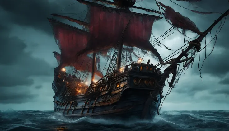 Large ghost pirate ship,Old and dilapidated wooden boats,The sails are tattered,There is fog all around,Moonlit night on the high seas,Ghostly figures roam the ship,An unforgettable aura,Swirling mist,The squeak of the ship,Skulls and bones scattered on th...