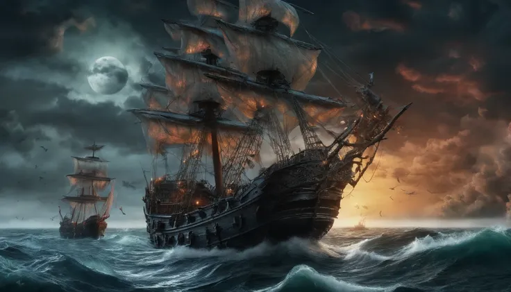 Large ghost pirate ship,Old and dilapidated wooden boats,The sails are tattered,There is fog all around,Moonlit night on the high seas,Ghostly figures roam the ship,An unforgettable aura,Swirling mist,The squeak of the ship,Skulls and bones scattered on th...