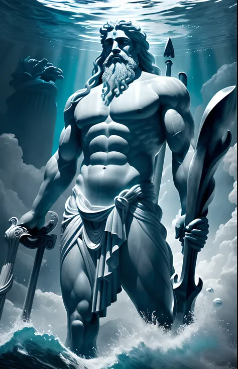 a magnificent and imposing vision of Poseidon, God of the seas in Greek mythology, Greek mythology, Historia de Grecia, Fabulous vision, imponente, fantastical realism, Detalles intrincados, Mejor imagen, realismo, a high definition, Obra maestra.